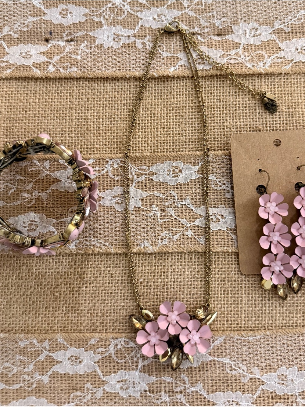 Vera Wang Pink Floral Cluster Necklace  earrings bracelet with Gold Accents
